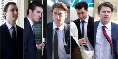 Left to right, Alex Formenton, Cal Foote, Michael McLeod, Dillon Dube and Carter Hart as they individually arrived to court in London, Ont., Tuesday, April 22, 2025.