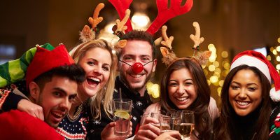 Christmas friends gathering party drinks red nose reindeer