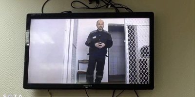 In this photo taken from video released by Russian independent news outlet SOTA telegram channel, Russian opposition activist Vladimir Kara-Murza is seen on a TV screen during a video broadcast provided by the Russian Federal Penitentiary Service during a hearing, at Zamoskvoretsky court, in Ufa, Russia, Thursday, Feb. 22, 2024.