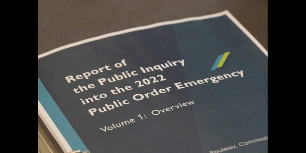 A copy of Justice Paul Rouleau's report on the Liberal government's use of the Emergencies Act, is shown in Ottawa, Friday, Feb.17, 2023. The federal government is open to possible changes to the Emergencies Act but says it first wants to consult widely on the law it invoked to quell protests two years ago. THE CANADIAN PRESS/Adrian Wyld