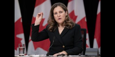 A report commissioned by the Canadian Lenders Association estimates that a plan to lower the maximum interest rate could lead to the loss of tens of thousands of jobs and billions of dollars in GDP. Deputy Prime Minister and Minister of Finance Chrystia Freeland responds to a question during a weekly news conference, Tuesday, February 27, 2024 in Ottawa. THE CANADIAN PRESS/Adrian Wyld