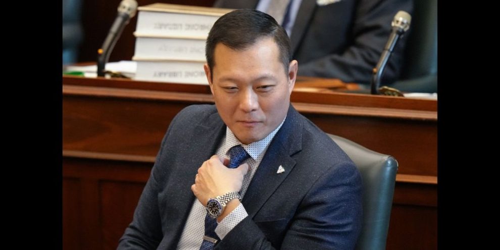 Ontario Long-Term Care Minister Stan Cho attends Question Period at the Ontario Legislature in Toronto, Tuesday, Nov. 28, 2023. Nearly 300 people in Ontario have been moved from hospitals to long-term care homes not of their choosing under a law the government implemented a little over a year ago.THE CANADIAN PRESS/Chris Young