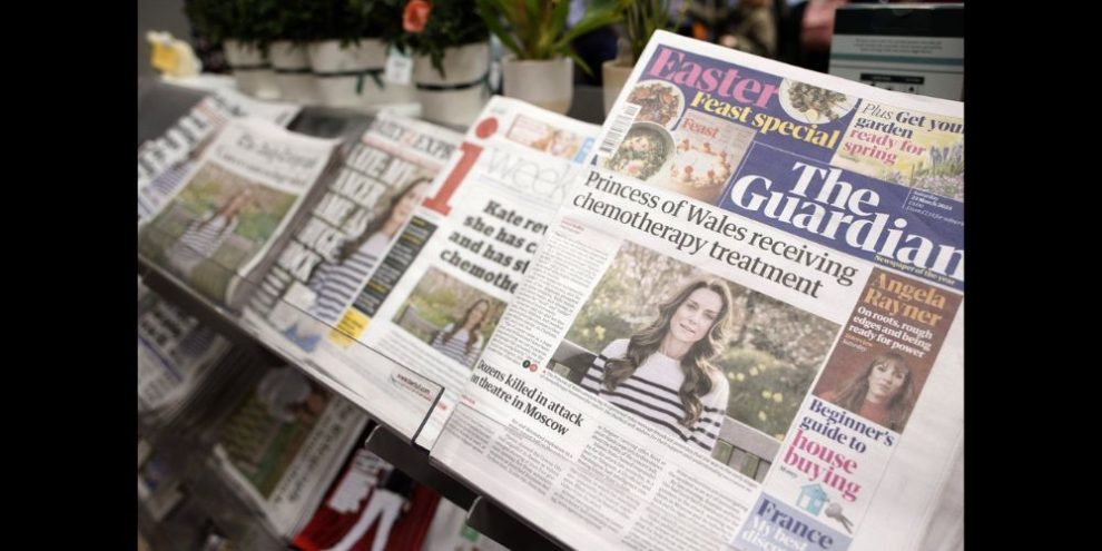 Newspaper front-pages are seen at a newsagent in London, Saturday, March 23, 2024. Britain's Kate, Princess of Wales's revelation she is undergoing treatment for cancer has sparked an outpouring of support and well wishes from around the world. (AP Photo/David Cliff)