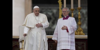 Pope Francis arrives in St. Peter's Square to celebrate the Palm Sunday mass at the Vatican, Sunday, March 24, 2024. (AP Photo/Alessandra Tarantino)