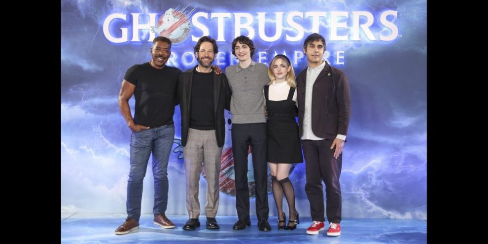 Ernie Hudson, from left, Paul Rudd, Finn Wolfhard, McKenna Grace and director Gil Kenan pose for photographers at the photo call for the film 'Ghostbusters: Frozen Empire Photo Call' on Thursday, March 21, 2024 in London. (Photo by Vianney Le Caer/Invision/AP)