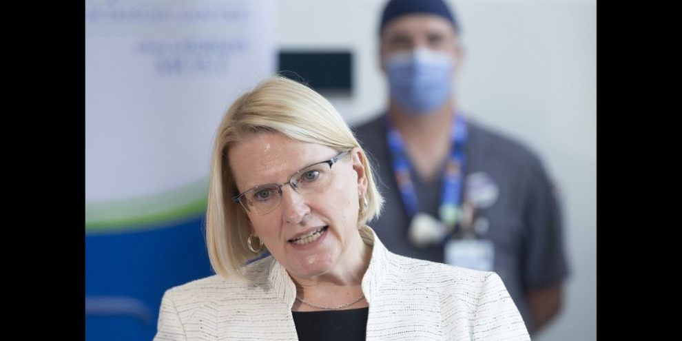 Ontario Health Minister Sylvia Jones makes an announcement at Sunnybrook Hospital, in Toronto Thursday, August 18, 2022. Hospitals and long-term care homes spent nearly $1 billion last year to fill shifts with nurses and personal support workers from private staffing agencies, a Ministry of Health document estimates. THE CANADIAN PRESS/Chris Young