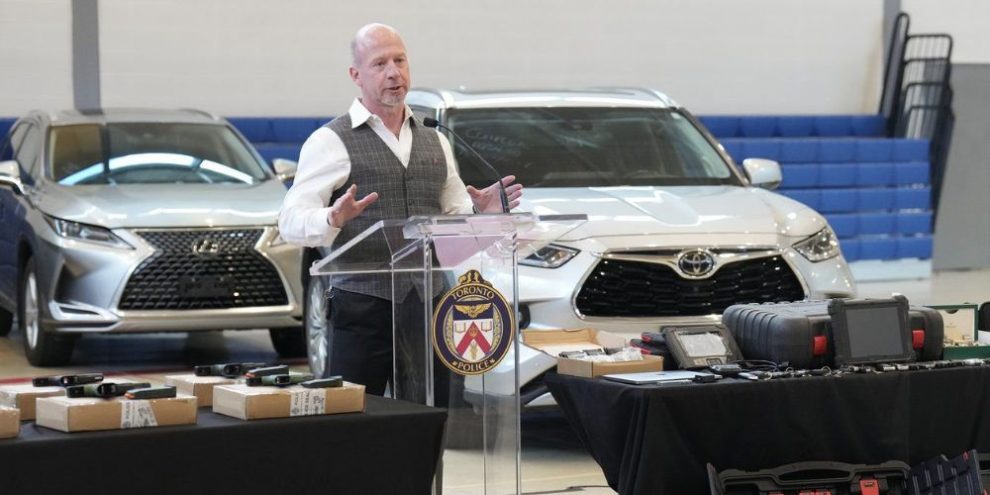 Superintendent Steve Watts, of the Organized Crime Enforcement for the City of Toronto Police force, speaks to the media regarding the results of Project Paranoid, a vehicle theft investigation in Toronto on Wednesday, March 27, 2024. THE CANADIAN PRESS/Nathan Denette