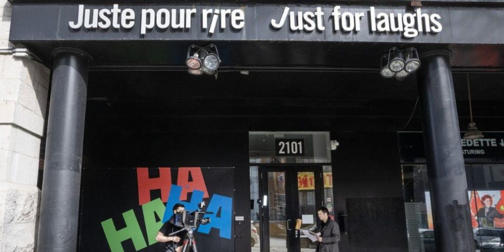 A news crew shoots a report in front of the Just for Laughs theatre in Montreal on Tuesday, March 5, 2024.