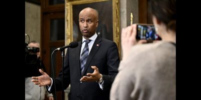 International Development Minister Ahmed Hussen is discussing Canada's decision on resuming aid to the UN Relief and Works Agency for Palestine Refugees in the Near East today. Hussen speaks in the Foyer of the House of Commons before Question Period on Parliament Hill in Ottawa, Thursday, Feb. 15, 2024. THE CANADIAN PRESS/Justin Tang