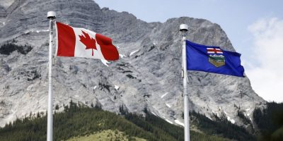 Canada and Alberta flags juxtaposed