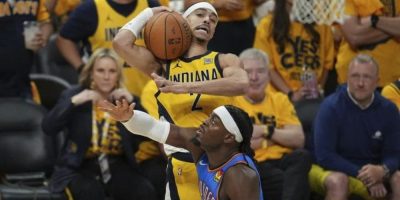 Andrew Nembhard and Lugentz Dort in game six of the 2025 NBA Finals - AP