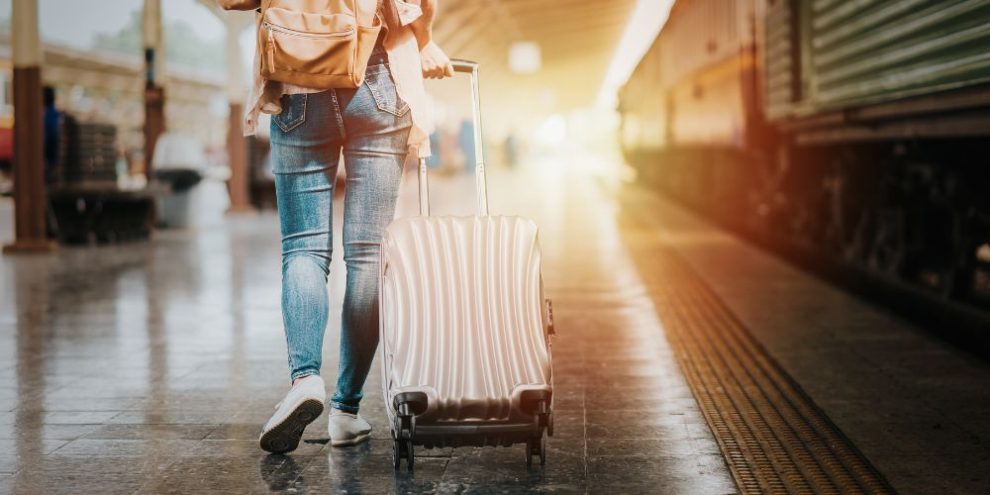 women with luggage going to travel by train