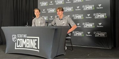 Swedish teammates Victor Eklund, left, and Anton Frondell address reporters while attending the NHL pre-draft combine in Buffalo, N.Y.
