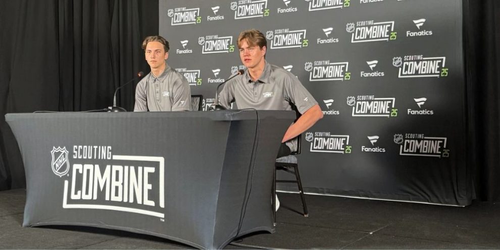 Swedish teammates Victor Eklund, left, and Anton Frondell address reporters while attending the NHL pre-draft combine in Buffalo, N.Y.