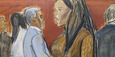 Courtroom sketch of Cassie Ventura walking past Sean Combs.