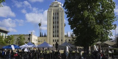 Media tents outside an L.A. courthouse