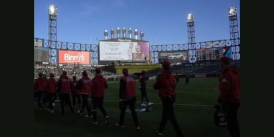 Rate Field with a graphic congratulating Pope Leo XIV on the videoboard.