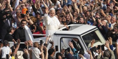 Pope Leo XIV on his popemobile.
