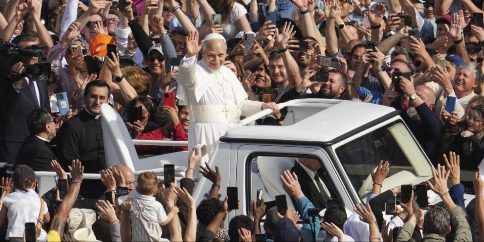 Pope Leo XIV on his popemobile.