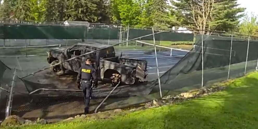 Truck crashed into tennis court.