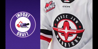 2025 CHL Import Draft graphic adjacent to Moose Jaw Warriors jersey.