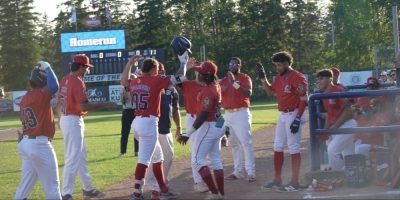 Noel McGarry-Doyle celebrates the first of two home runs vs. Guelph