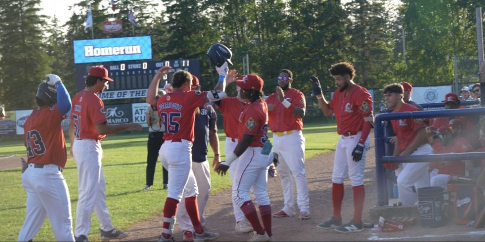 Noel McGarry-Doyle celebrates the first of two home runs vs. Guelph