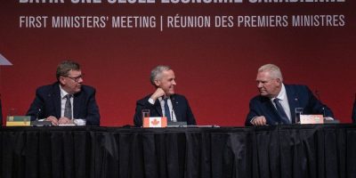 Premier of Saskatchewan Scott Moe, left too right, Prime Minister Mark Carney, Premier Dough Ford speak to media following the First Minister’s Meeting in Saskatoon, Sask., Monday, June 2, 2025. THE CANADIAN PRESS/Liam Richards