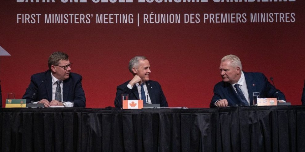 Premier of Saskatchewan Scott Moe, left too right, Prime Minister Mark Carney, Premier Dough Ford speak to media following the First Minister’s Meeting in Saskatoon, Sask., Monday, June 2, 2025. THE CANADIAN PRESS/Liam Richards