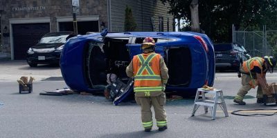 Jaws of life used to free adult and child from overturned car in Barrie