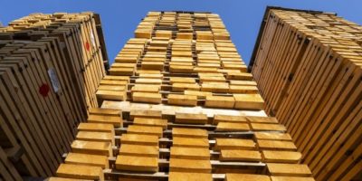 Softwood lumber is seen stacked in a lumber yard in the Monteregie region, southwest of Montreal on Wednesday, Oct. 22, 2025. THE CANADIAN PRESS/Christinne Muschi