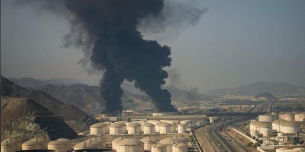 Fire and smoke rise from an oil facility in Fujairah in the United Arab Emirates after debris from an intercepted Iranian drone sparked a blaze.