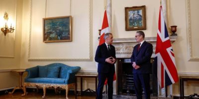 Britain’s Prime Minister Keir Starmer and Canada’s Prime Minister Mark Carney speak during a meeting at 10 Downing Street in London on March 16, 2026.