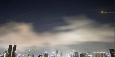 Israeli air defence system fires to intercept missiles during Iranian attack over Tel Aviv, Israel.