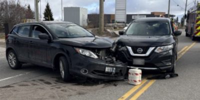 Emergency responders at the scene of a two-vehicle collision in Barrie, Ontario.