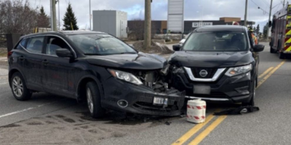 Emergency responders at the scene of a two-vehicle collision in Barrie, Ontario.