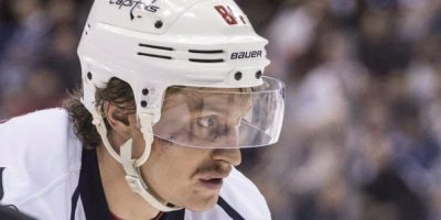 Mikhail Grabovski during his time with the Washington Capitals after being struck in the face during an NHL game against the Toronto Maple Leafs in 2013.