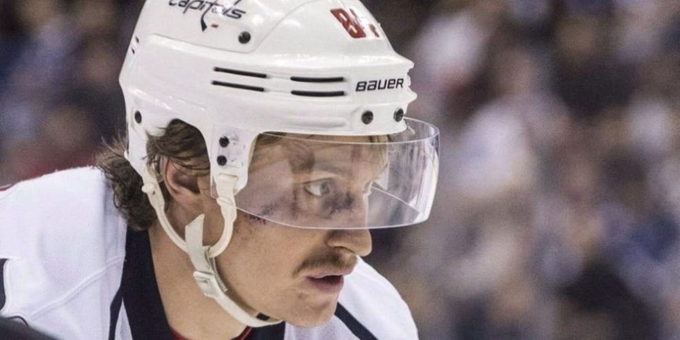 Mikhail Grabovski during his time with the Washington Capitals after being struck in the face during an NHL game against the Toronto Maple Leafs in 2013.