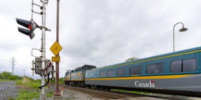 A Via Rail train travels on tracks in Beaconsfield, Montreal, on May 23, 2025