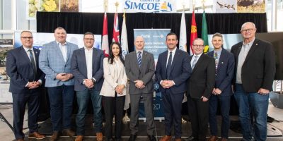 Political leaders, industry partners, and post-secondary representatives at the launch of Simcoe County’s automotive innovation hub, including members from the Ontario government, City of Barrie, City of Orillia, Honda, Lakehead University, and Georgian College.