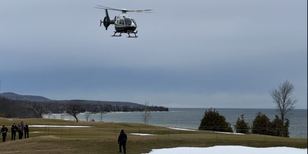 An OPP helicopter assists with an ice rescue north of Owen Sound on Georgian Bay on March 8, 2026.