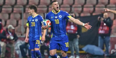 Bosnia and Herzegovina’s Ermedin Demirovic celebrates after Haris Tabakovic scores against Italy during the 2026 World Cup qualifying playoff final in Zenica.