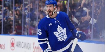 Toronto Maple Leafs forward Nicolas Roy reacts after scoring a goal during a game against the New Jersey Devils in Toronto.