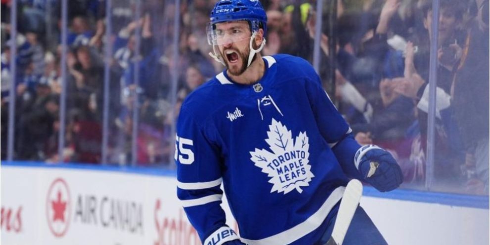 Toronto Maple Leafs forward Nicolas Roy reacts after scoring a goal during a game against the New Jersey Devils in Toronto.