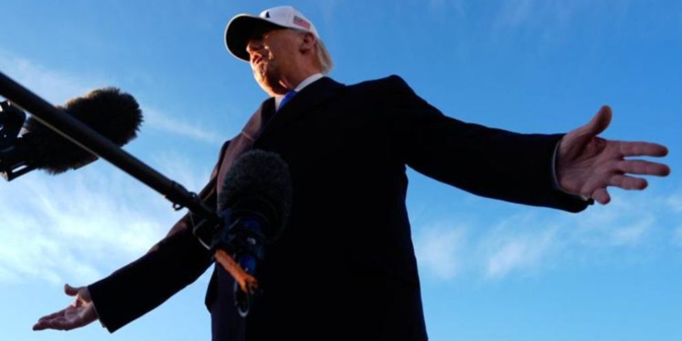 U.S. President Donald Trump speaking to reporters at Joint Base Andrews before boarding Air Force One, March 13, 2026.