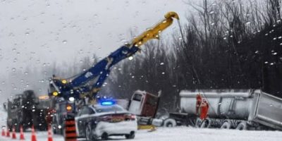 Emergency vehicles respond to a collision on Highway 11 in the Orillia area during severe winter weather on March 17, 2026.