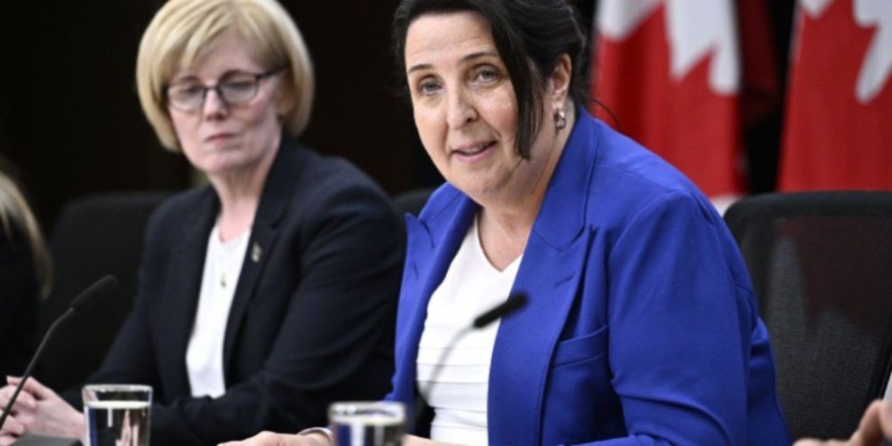 Justice Lise Maisonneuve speaks at a news conference with Minister Carla Qualtrough at the National Press Theatre in Ottawa on May 9, 2024.