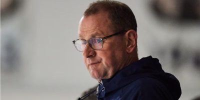 Brad Treliving watches Toronto Maple Leafs players during training camp in Toronto on September 18, 2025.