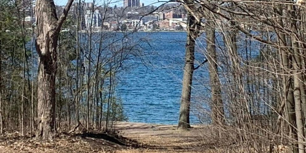 Kempenfelt Bay and Barrie skyline viewed from the waterfront trail, April 16, 2024, highlighting areas for the Clean and Green Barrie spring cleanup initiative.