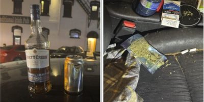 Open alcohol bottles and cans, and a partially opened marijuana package on the passenger seat of a car, seized by Barrie Police Service during a late-night traffic stop.